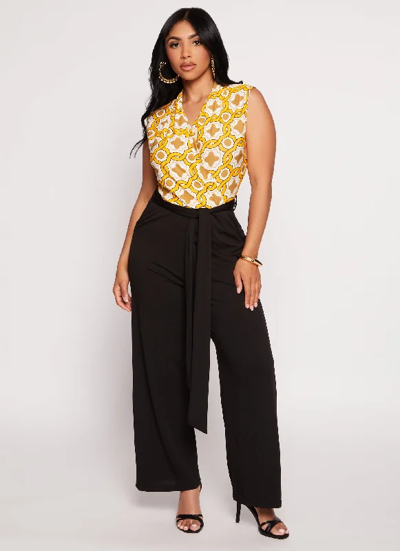 Printed Faux Wrap Tie Waist Jumpsuit Bold print jumpsuit, Trendy, Chic, Casual