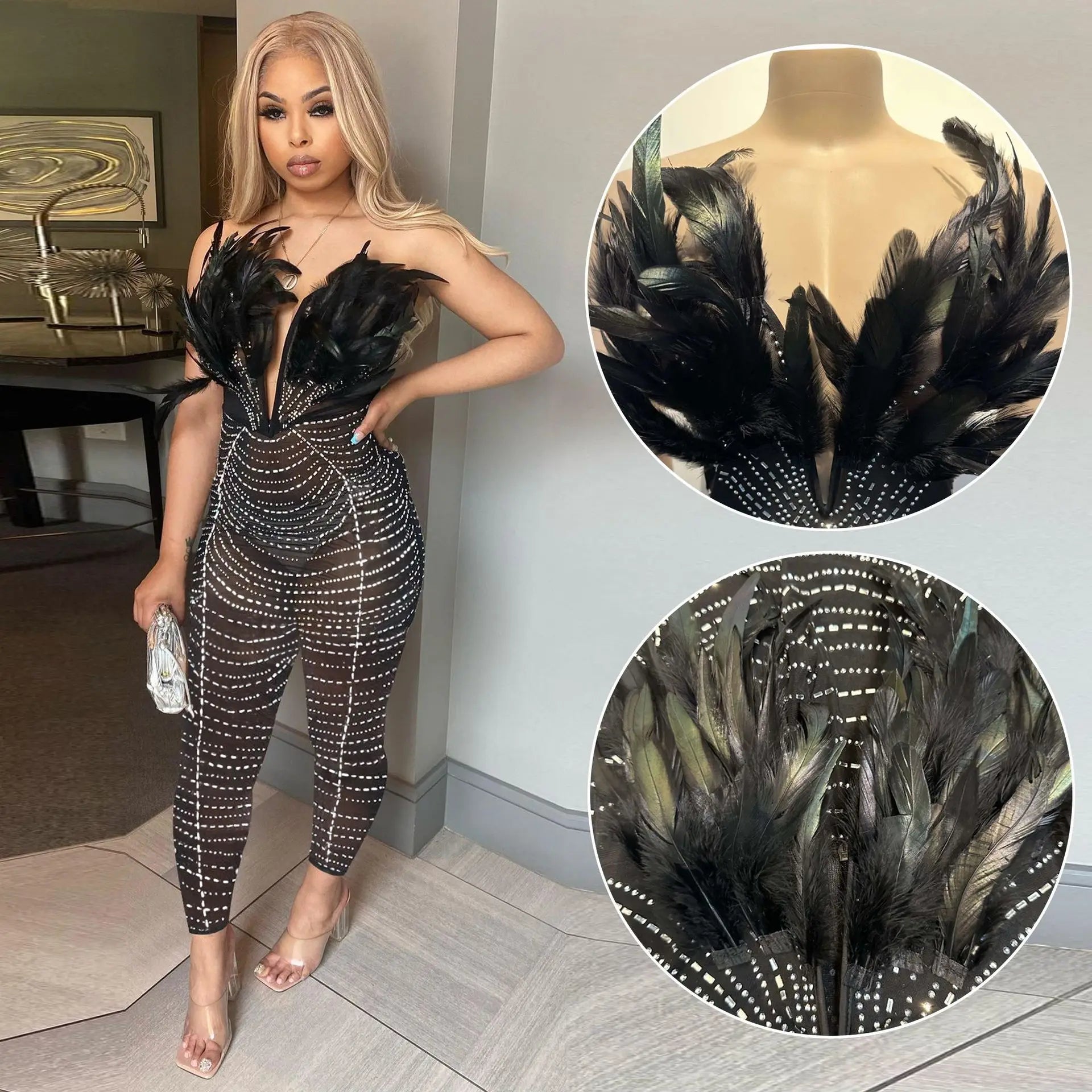 Z154829 2023 black sexy ball One Piece Bodysuit Night Club evening Sleeveless deep v feather glitter catsuit rhinestone jumpsuit Ruffle sleeve jumpsuit, Feminine, Elegant, Comfortable