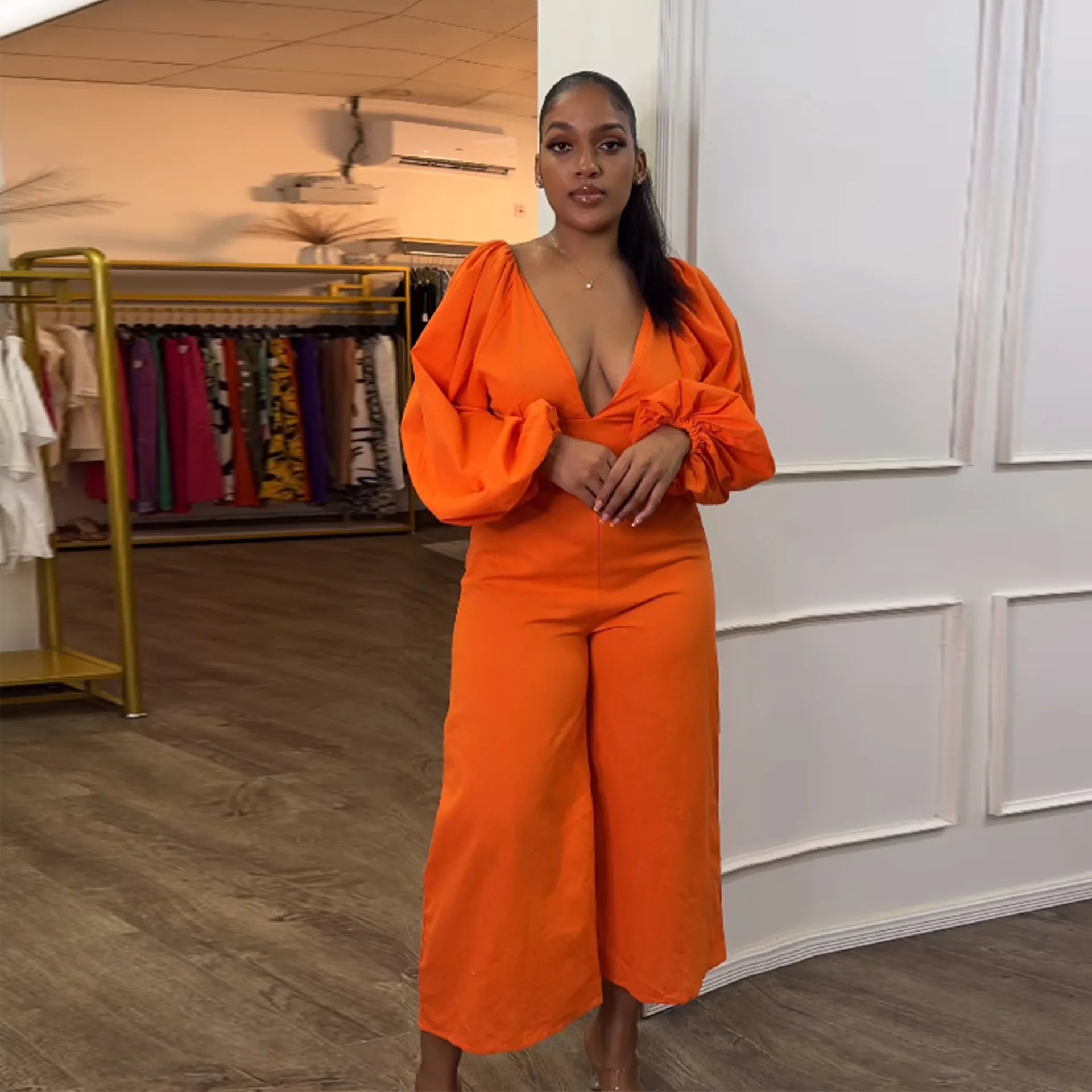 Z172061 2023 orange long sleeve sexy woman bodysuit ladies Slim-Fit Deep V Backless Strap puff Sleeve Wide Leg jumpsuit Wrap-around jumpsuit, Elegant, Feminine, Comfortable